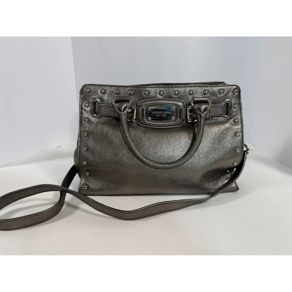 Michael Kors Hamilton Satchel Metallic Pewter Studded Leather Crossbody Bag
